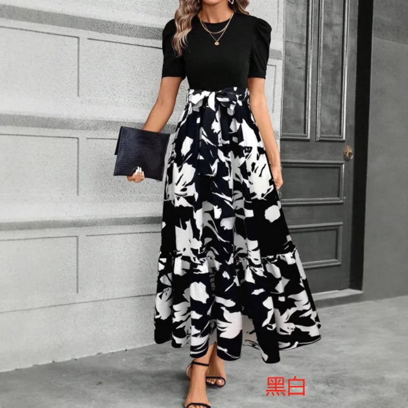 Women Elegant Floral Print Long Dress Round Neck Short Sleeve High Waist Lace-up Office Lady Holiday Party Dress