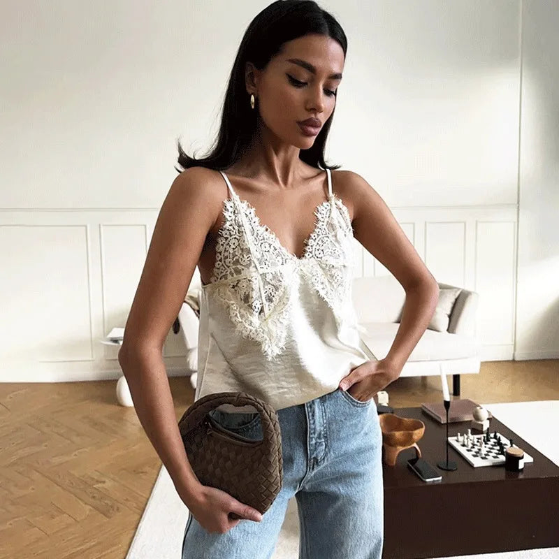 Ticketsx Sexy Lace Backless Camis Top Solid Women's V-Neck Patchwork Slim Tops Summer Fashion Commute Streetwear Female Clothing